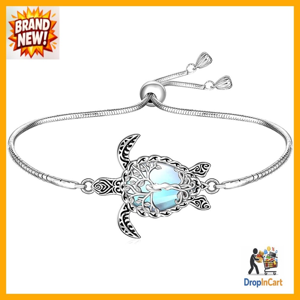 Sterling Silver Moonstone Tree of Life Turtle Bracelet Adjustable Elegant